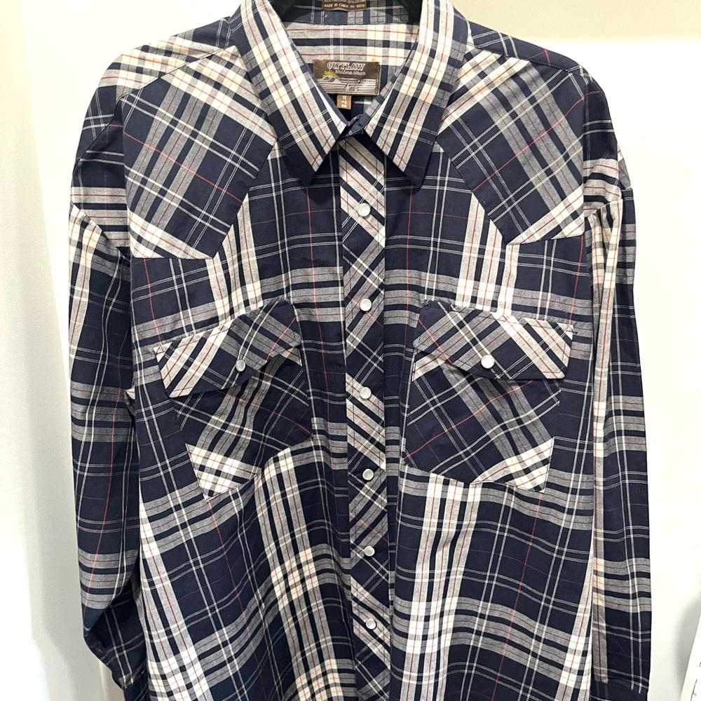 Vintage Outlaw Western wear Navy Plaid Men's Casual Pearl Snap Button Shirt 1X